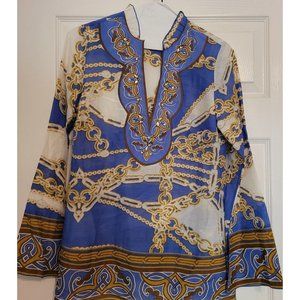 Hale Bob Cabana Womens XS Silk Blend Tunic Top Blue Gold Chains Rhinestones